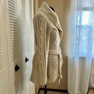 Cabela’s Cable Knit Cardigan L Cream Shawl Collar Belted Cozy Sweater